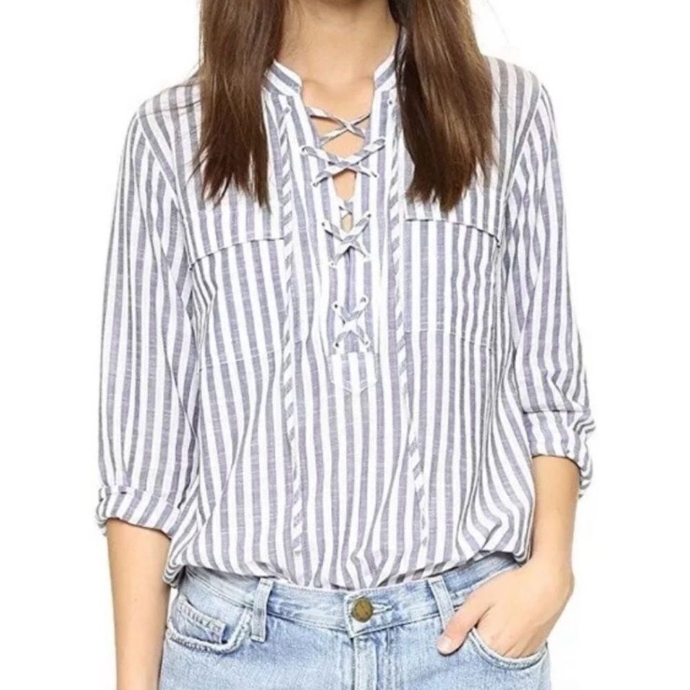 Madewell Blue White Stripe Lace up Blouse Cotton Medium